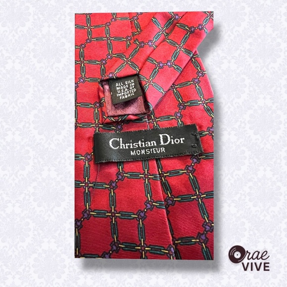 Christian Dior Monsieur Red Silk Tie Geometric Chain Print Made in USA - Picture 5 of 5